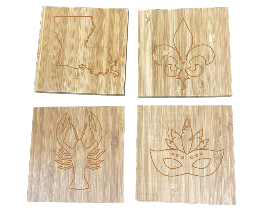 4 PC Wooden Square Coaster Set W/ Design